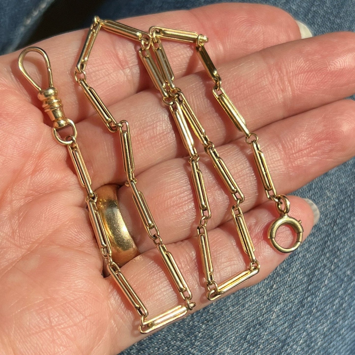 14k Gold Pocket Watch Chain Link Necklace. Dog Clip 11g