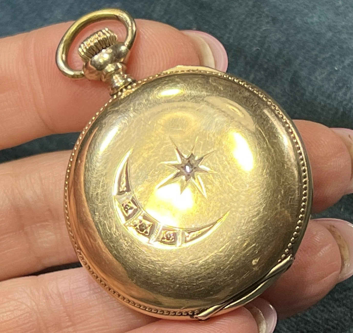 14k Gold Pocket Watch Pendant w Gypsy-Set Diamond Crescent Moon. 2" 24g