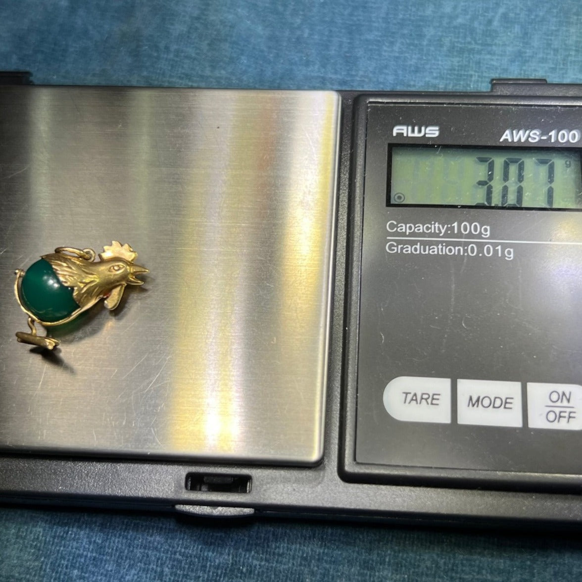 14k Gold Rooster Chicken Pendant w Jade Jelly Belly. German