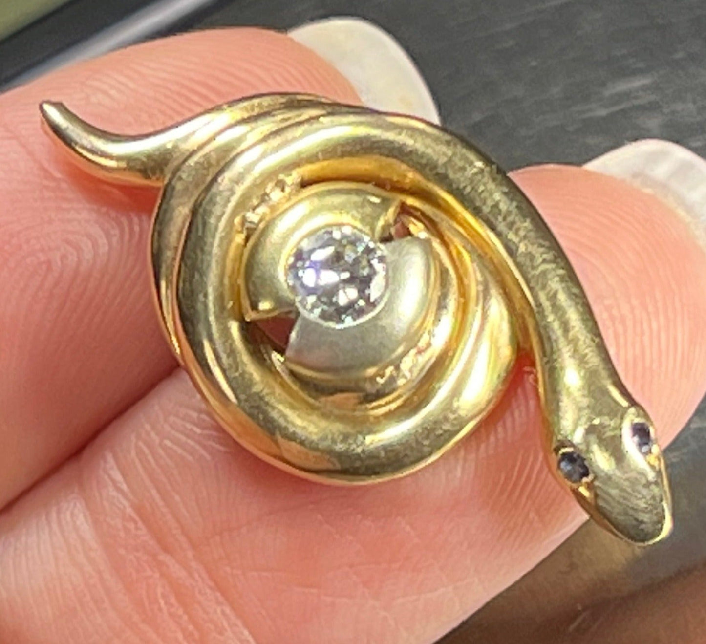 14k Gold SNAKE Pendant w 0.5 Ct Diamond + Sapphires. 1.25"