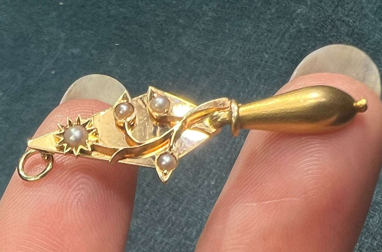 14k Gold Seed Pearl Gardener's Trowel + Flowers Pendant. Antique