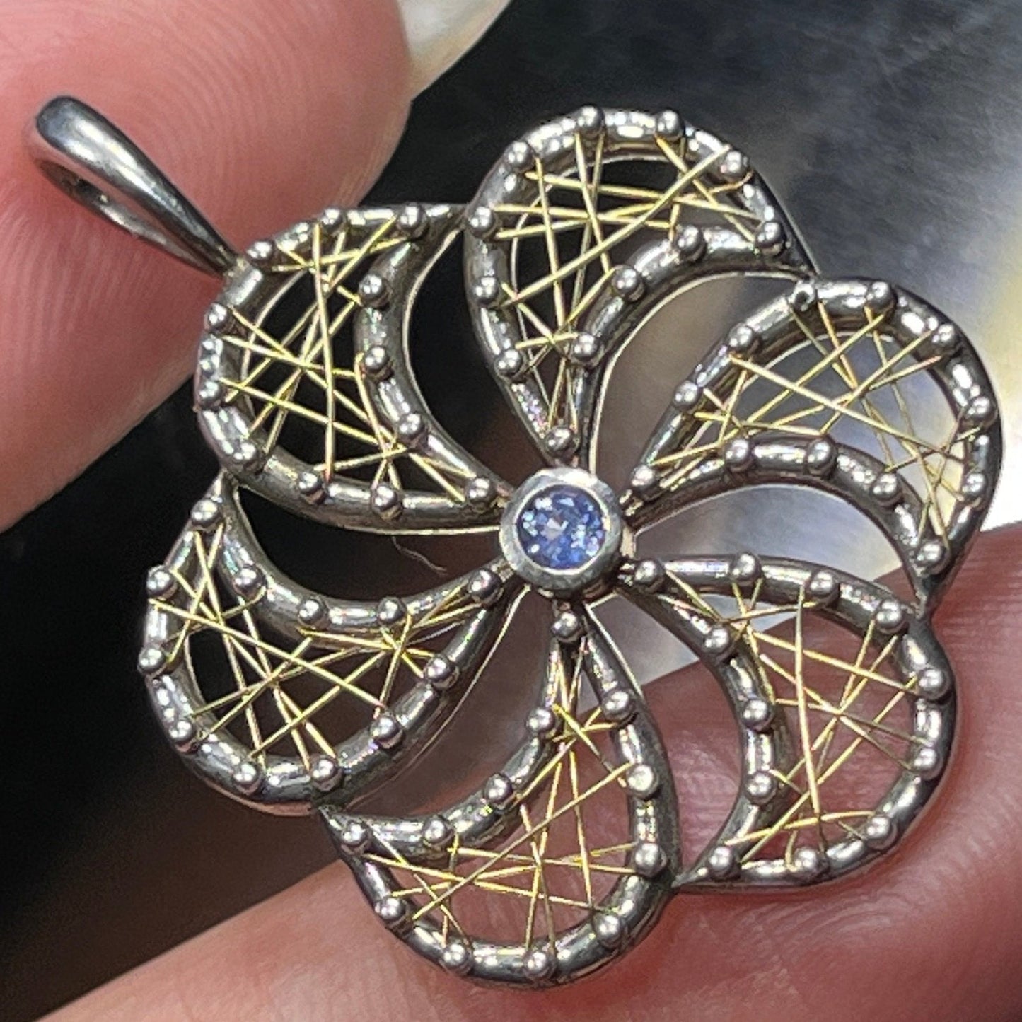 14k Gold + Sterling Silver Flower Pendant w Periwinkle Tanzanite