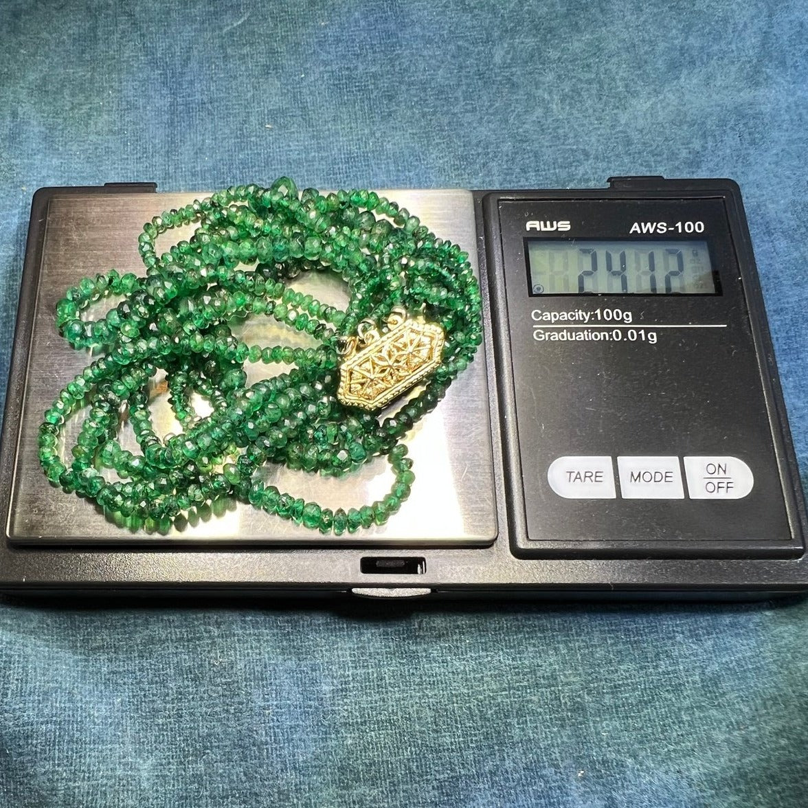 14k Gold Three-Strand EMERALD Rondelle Bead Necklace. 24g