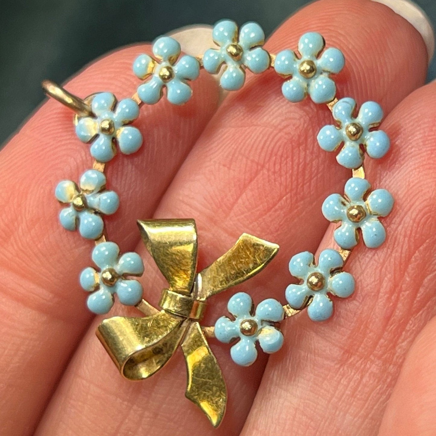 14k Robins Egg Blue Enamel Forget-Me-Not Wreath Pendant. 1.2"