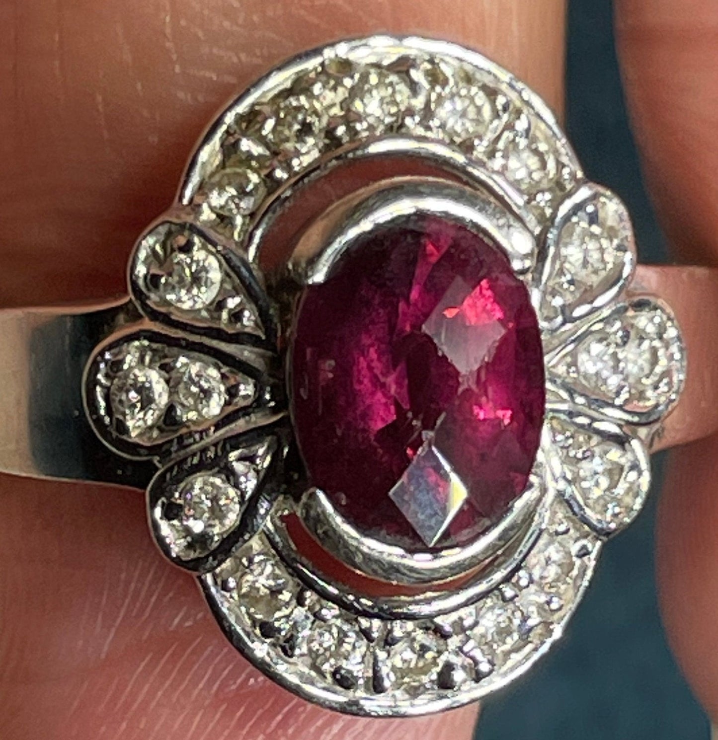 14k White Gold 1.6 TCW Red Tourmaline + Diamond Halo Ring