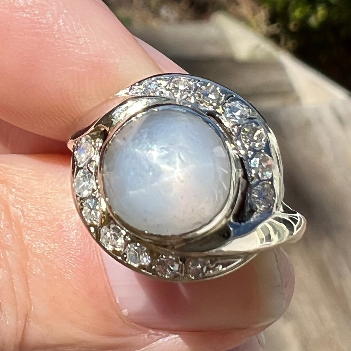 14k White Gold 5 Ct Gray Star Sapphire Ring w Diamond Halo *Video*