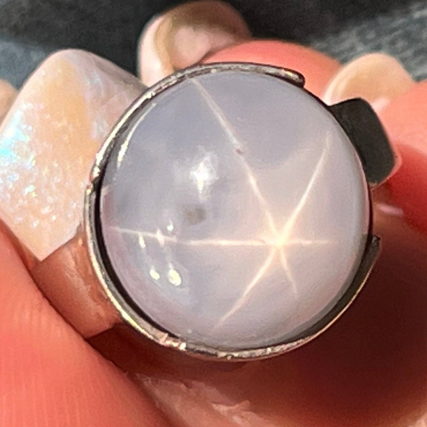14k White Gold 6 Ct Lavender Gray Star Sapphire Ring. Bezel Set *Video*
