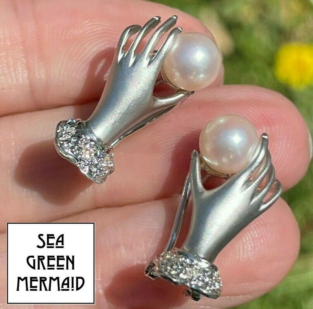 14k White Gold Diamond & Pearl Antique HAND Earrings. OMEGABACKS_21_300