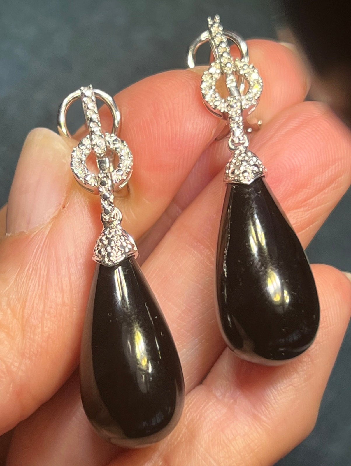 14k White Gold Onyx Baton Earrings w Diamond Omegabacks. 1.75" + 13g