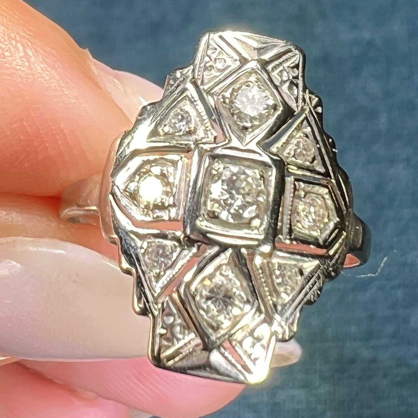 14k White Gold Rose-Cut Diamond Stepped Shield Ring. Art Deco