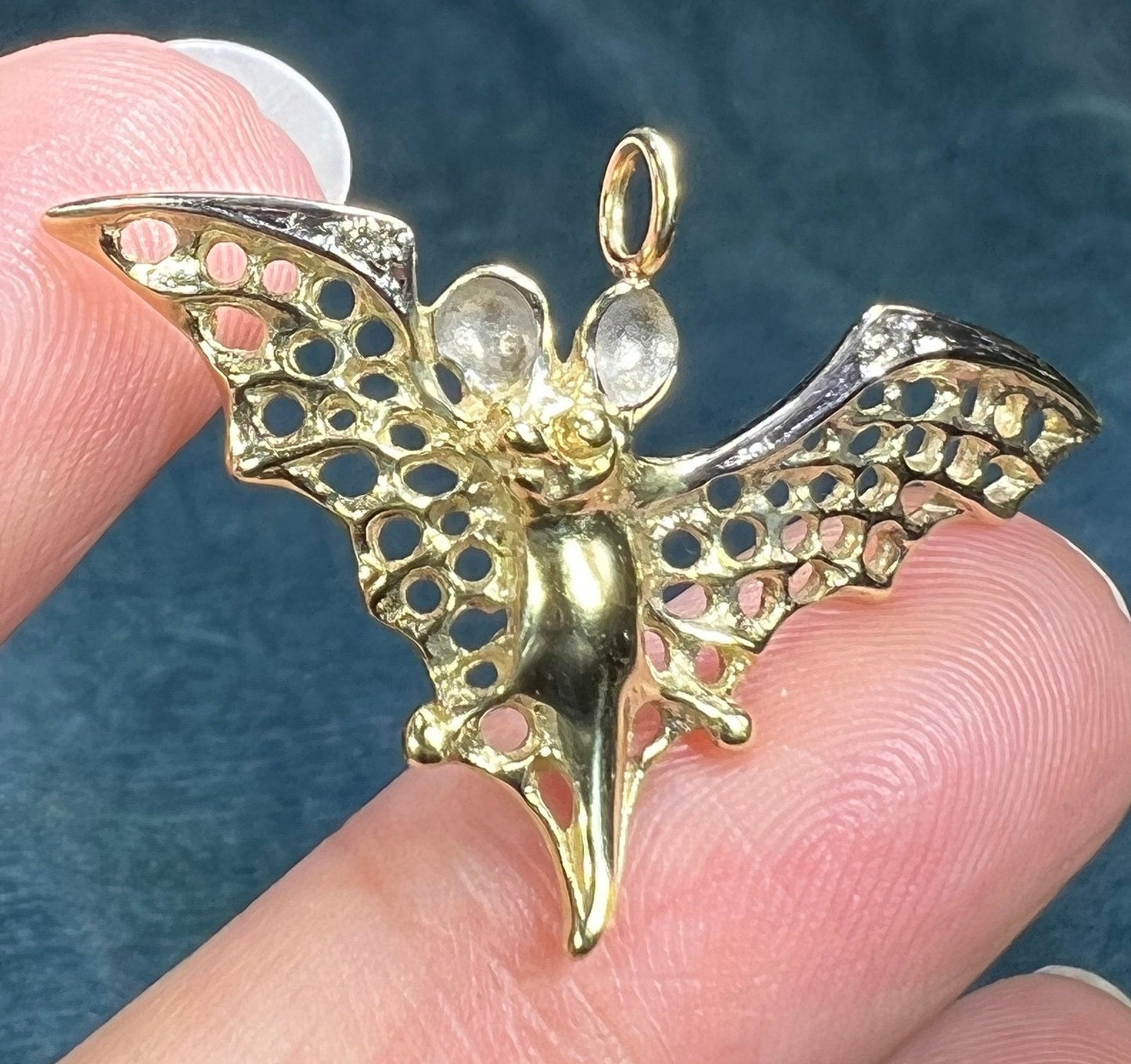 14k White + Yellow Gold Flying Bat Pendant w Diamonds. 1.4" Wide