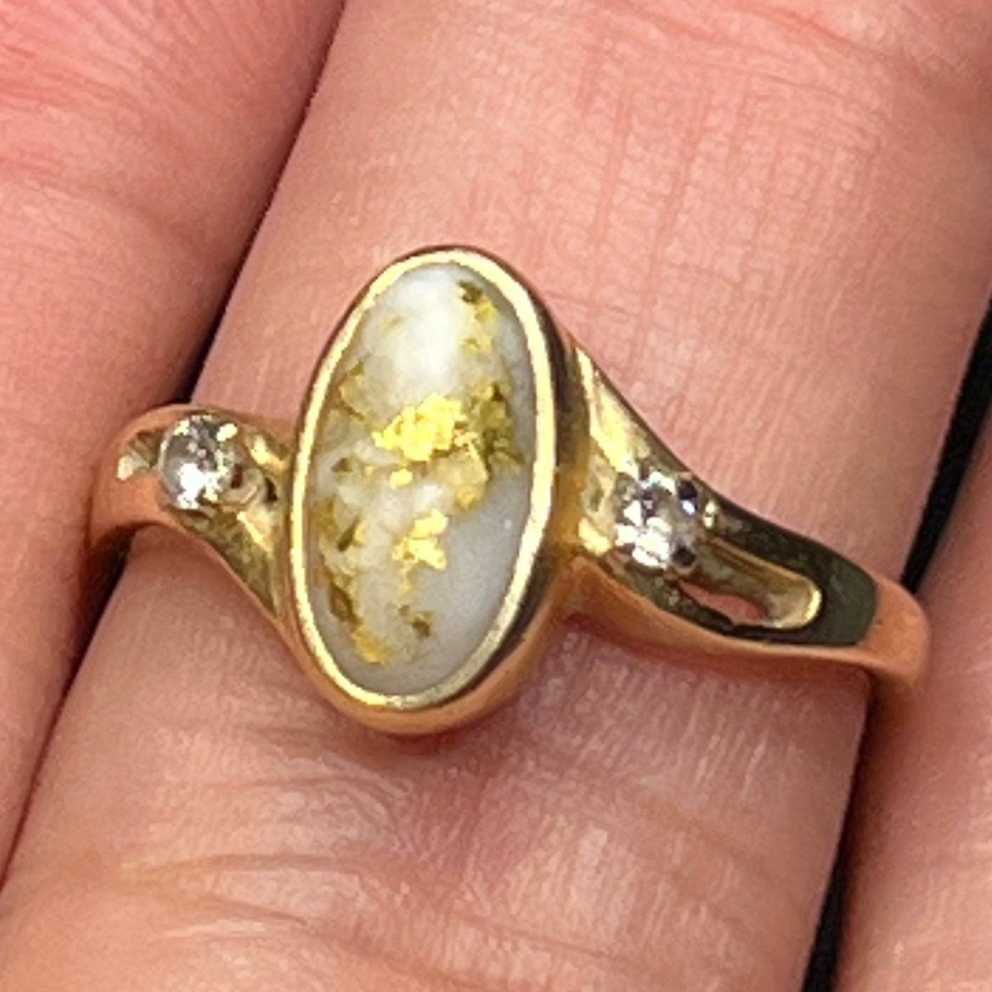 14k Yellow Bezel-Set Alaskan Gold Quartz Ring w Diamonds
