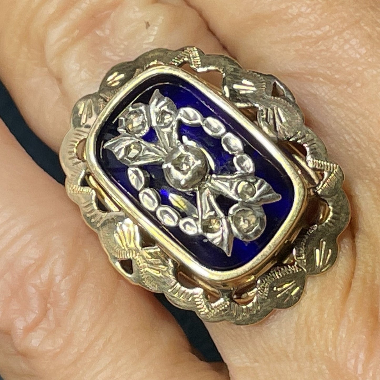 14k Yellow Gold 1" Cobalt Blue Ring w Rose-Cut Diamonds. Georgian