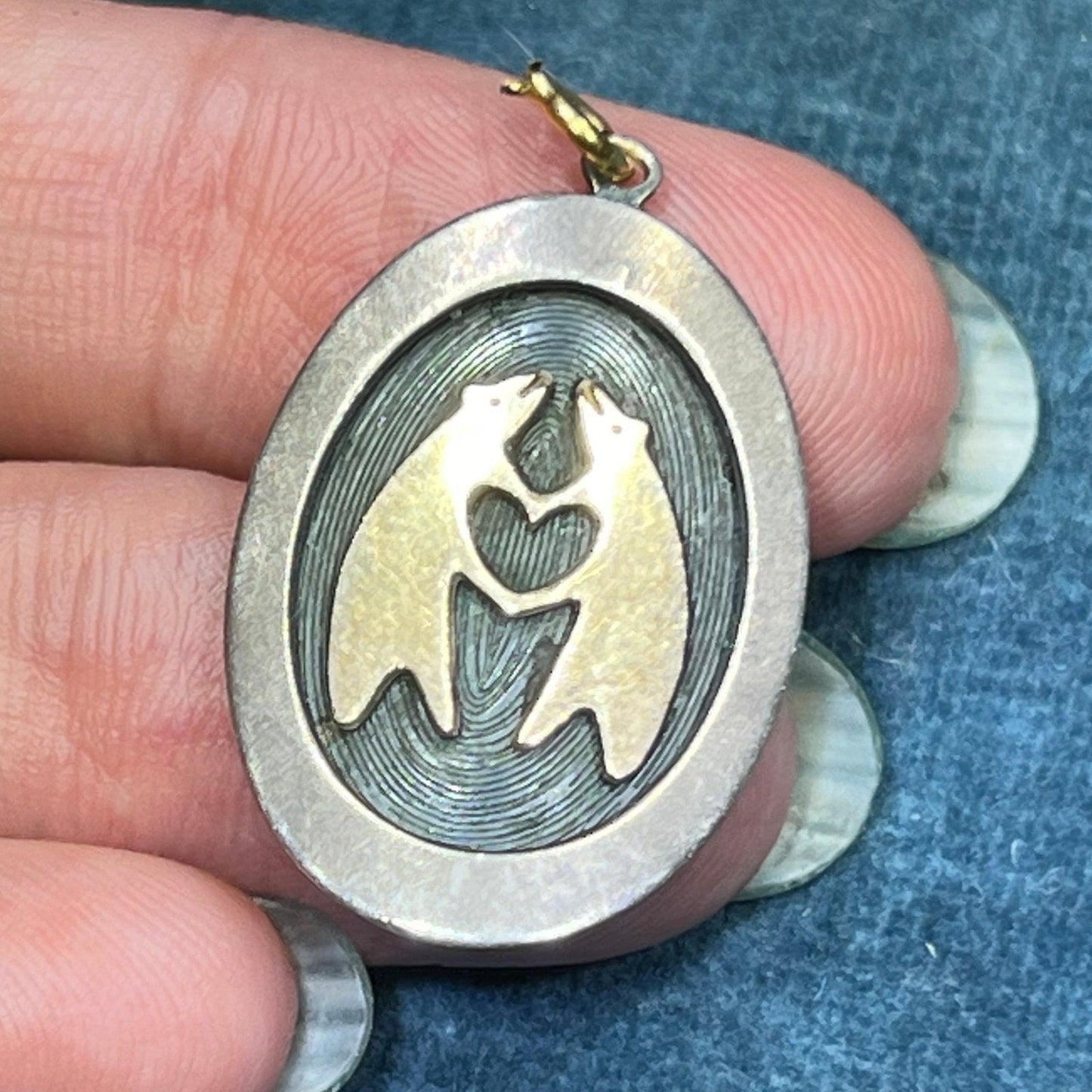 14k Yellow Gold "2 Bears Love" w Heart in 925 Pendant. Old Pawn
