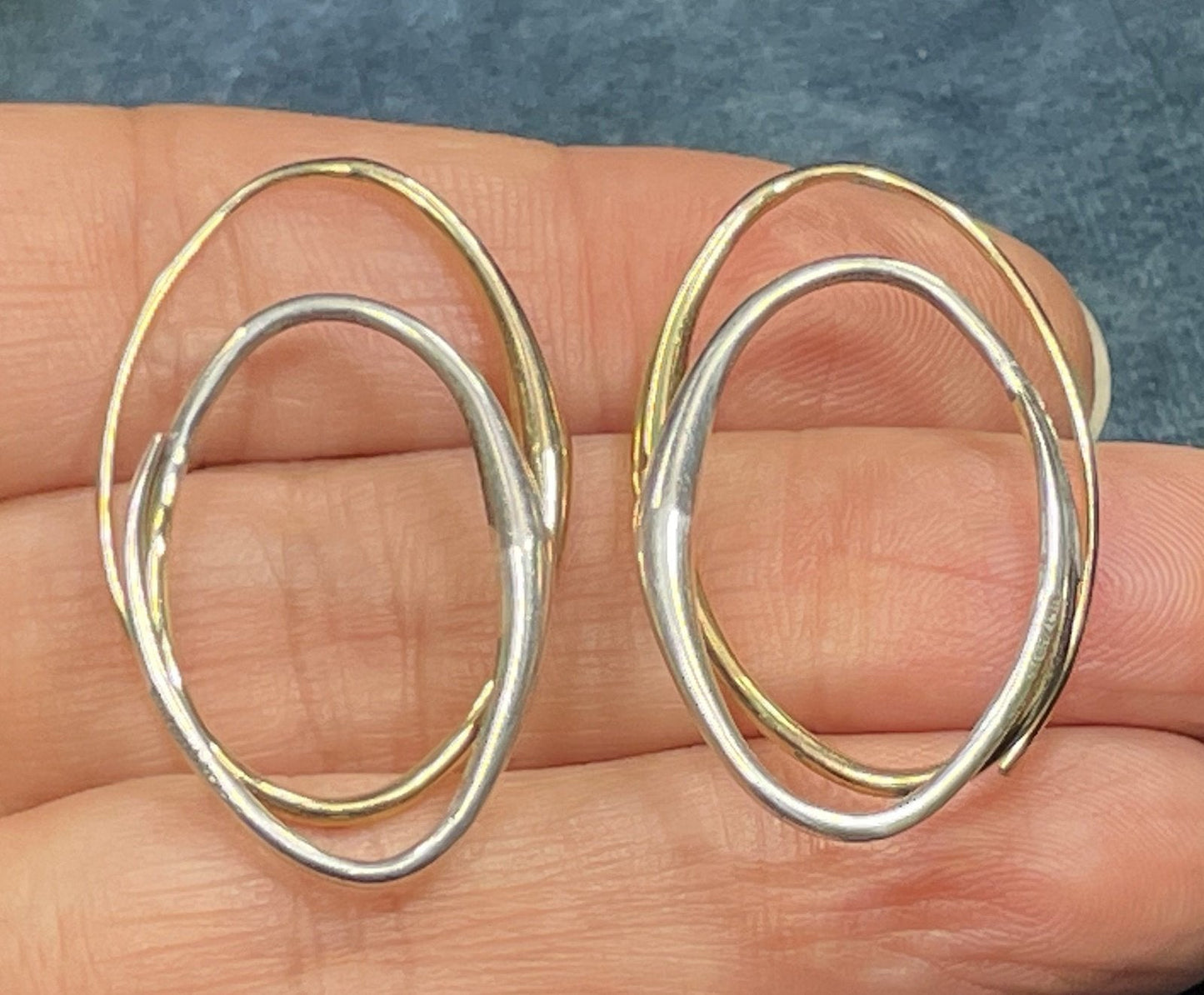 14k Yellow Gold & 925 ED LEVIN Double Hoop Earrings. 1.2"