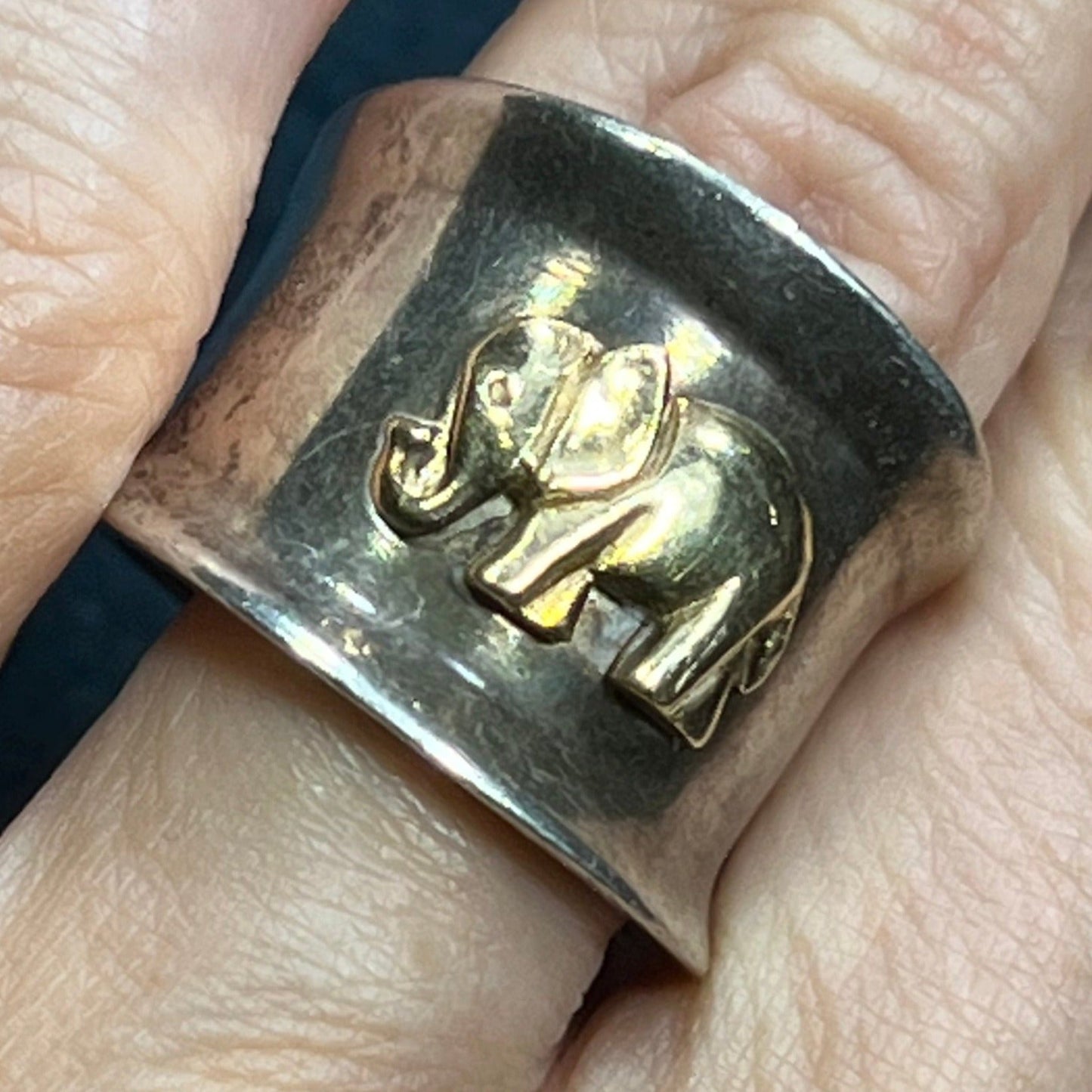 14k Yellow Gold + 925 Elephant Cigar Band Ring. Wide