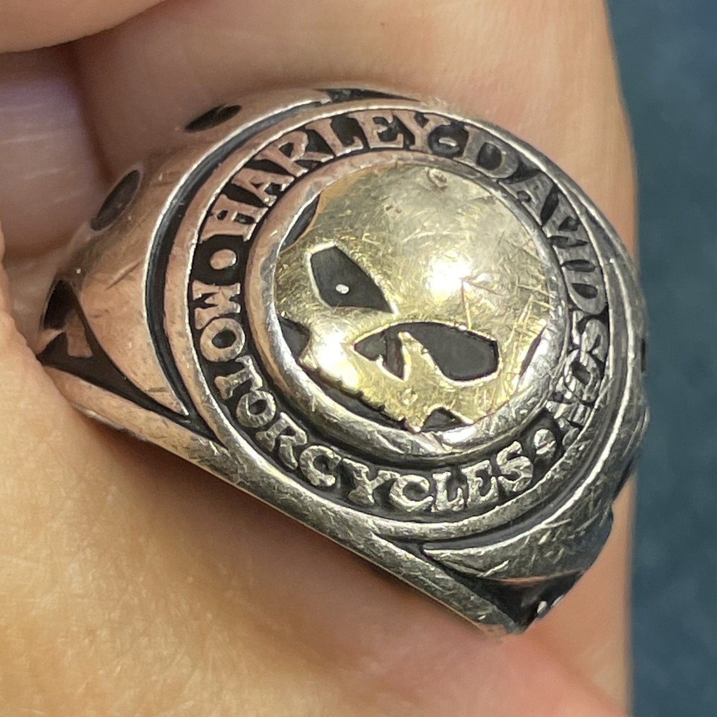 14k Yellow Gold + 925 Harley Davidson Skull & Flames Biker Ring