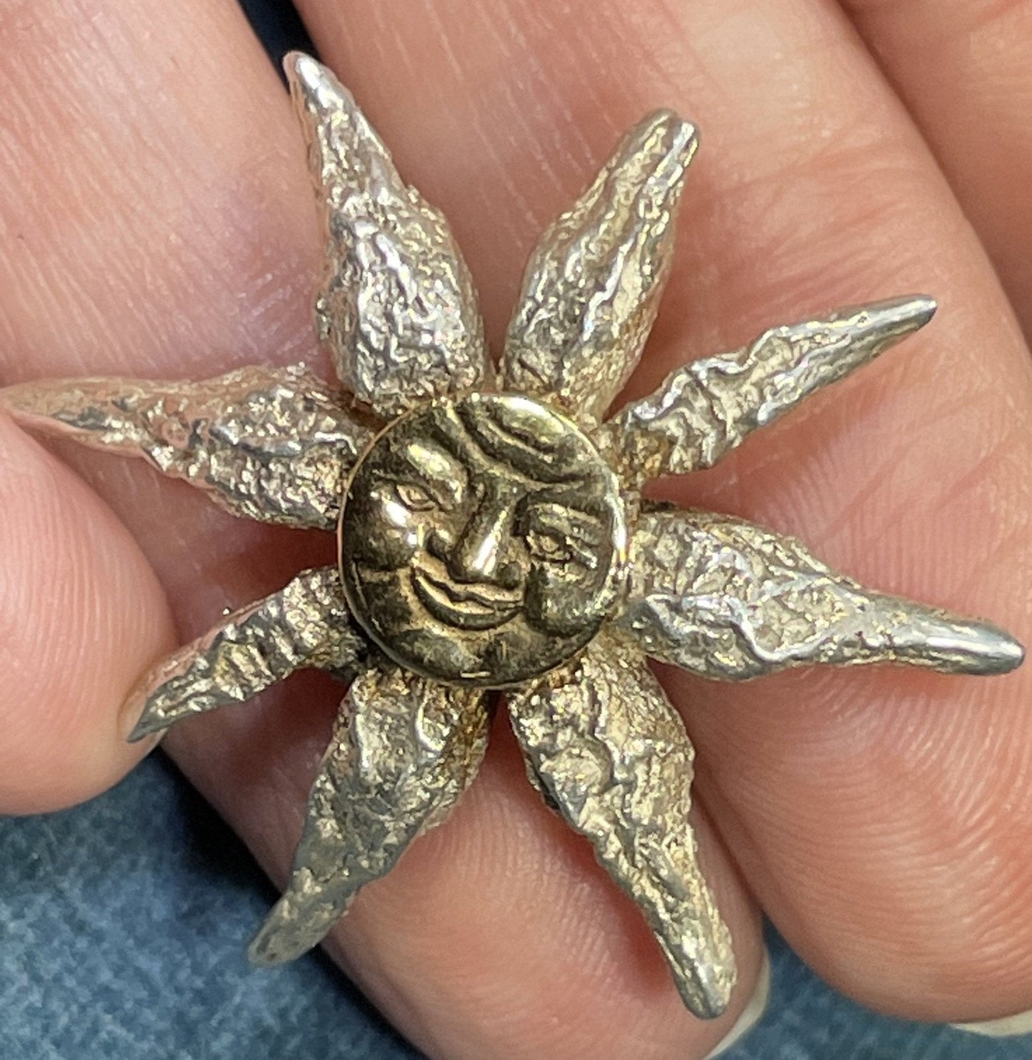 14k Yellow Gold & 925 "Man in the Moon" Sunburst Pendant. 1.25"