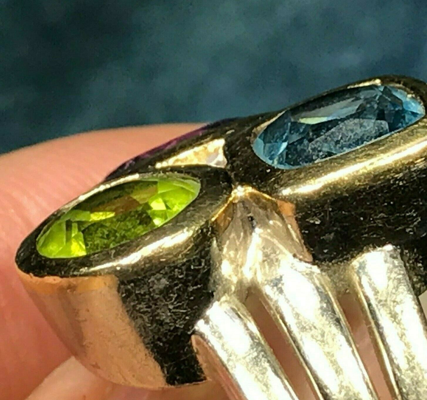 14k Yellow Gold + 925 Ring w Peridot, Aquamarine and Amethyst. LARGE