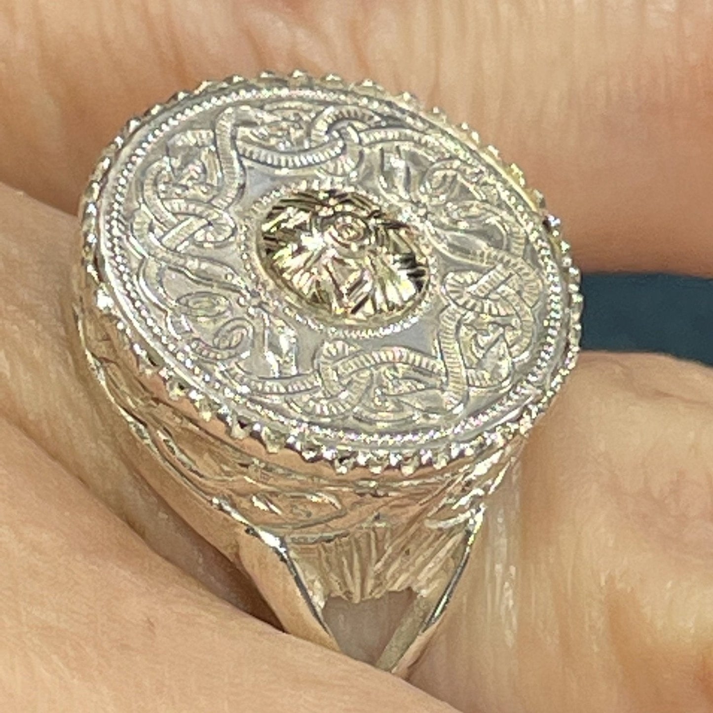 14k Yellow Gold & 925 Snake Celtic Knot Disc Signet Ring. OOAK