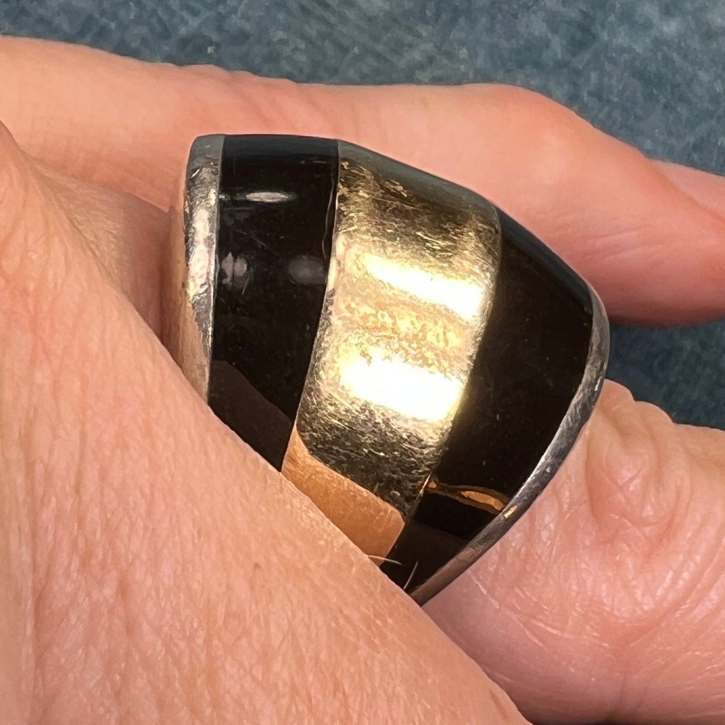 14k Yellow Gold + 925 Wide Cigar Band Ring w Onyx. 18g + 3/4"