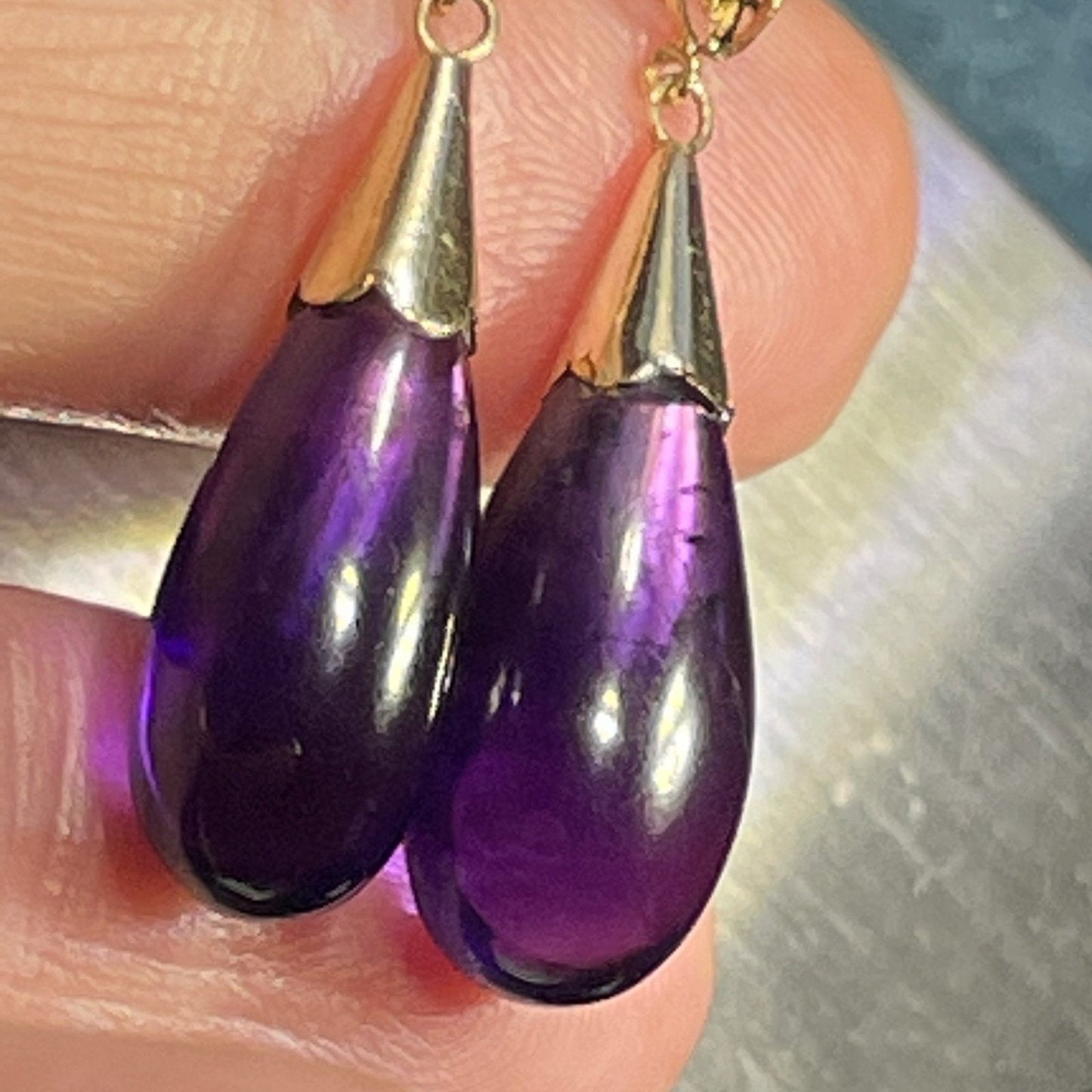 14k Yellow Gold Amethyst Baton Drop Dangle 1.2" Earrings
