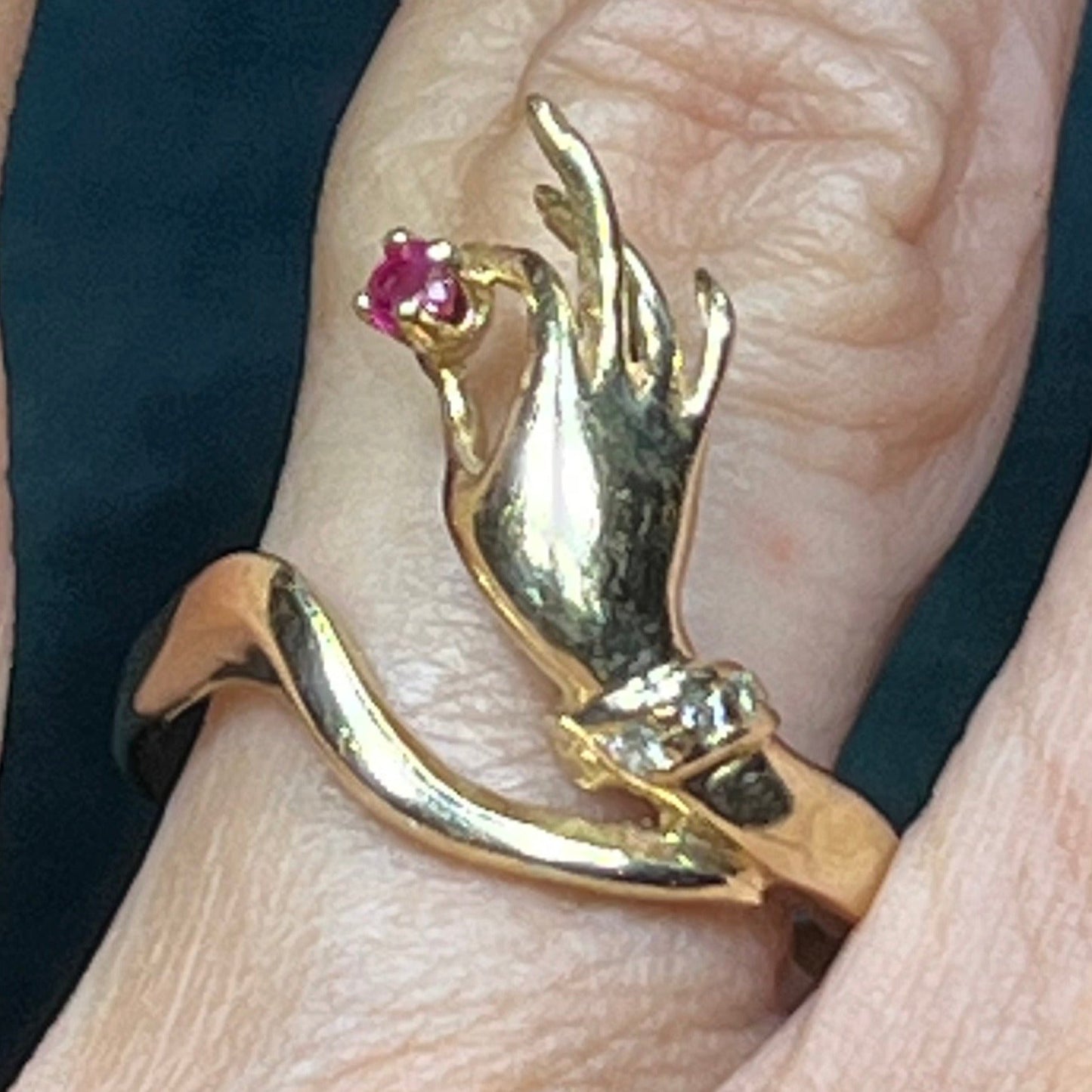 14k Yellow Gold Antique HAND Ring w Tourmaline + Diamonds