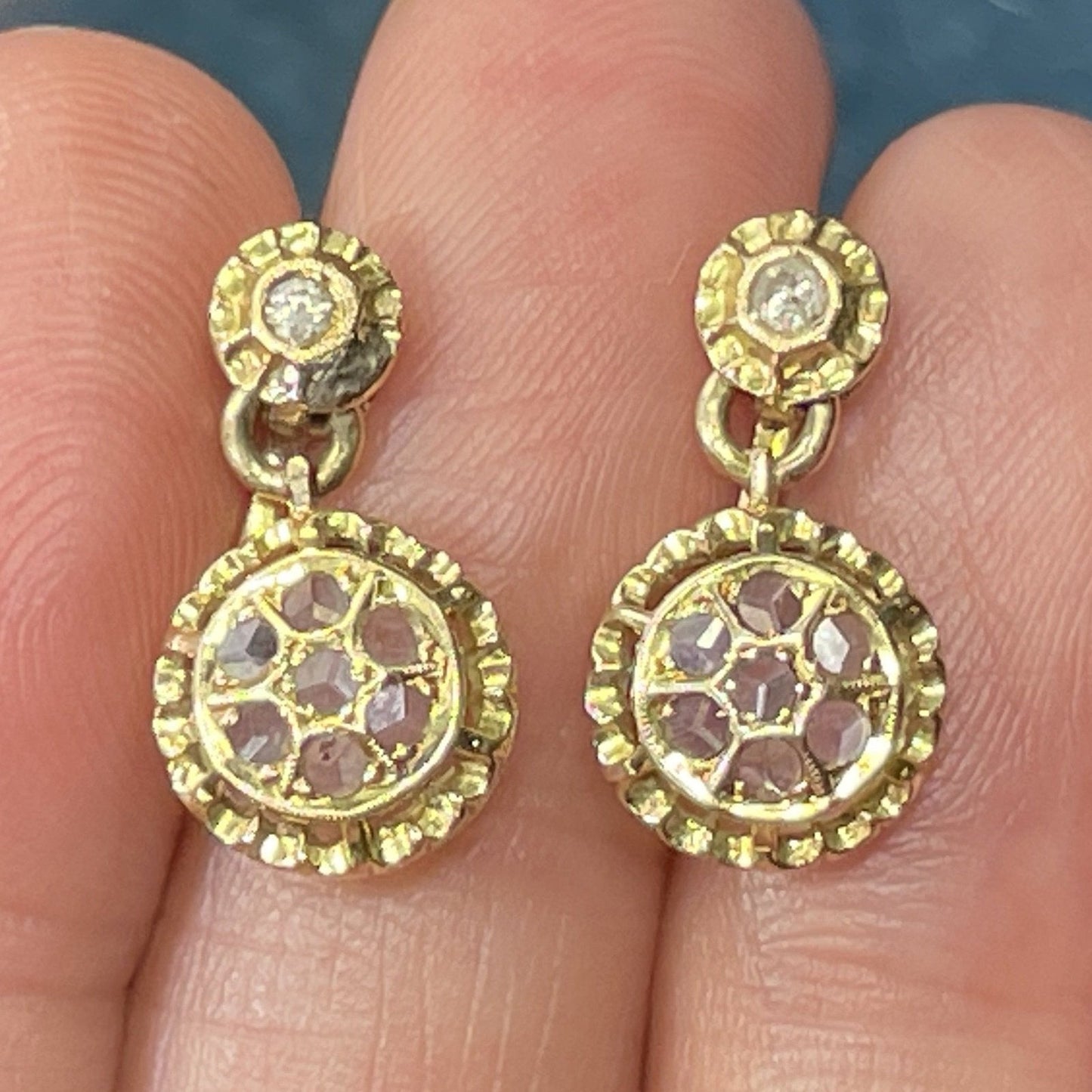 14k Yellow Gold Antique Rose-Cut Clear Diamond & Topaz Earrings. Leverbacks