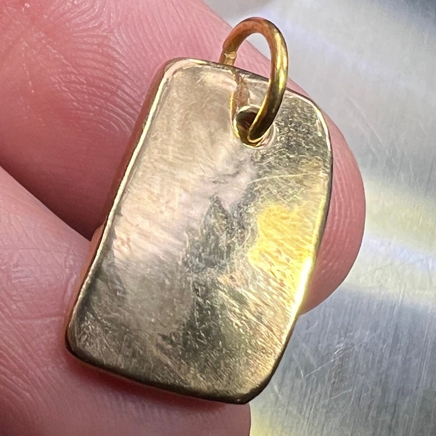 14k Yellow Gold Artisan Hammered Dog Tag Pendant. Solid