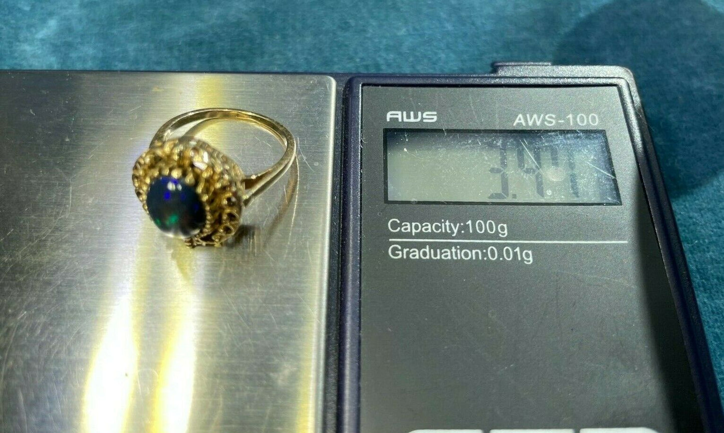 14k Yellow Gold Australian Black Opal Ring. Filigree Halo ***VIDEO***