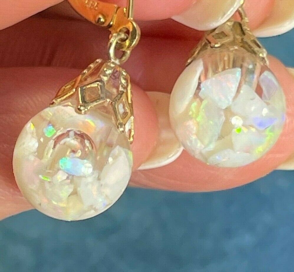 14k Yellow Gold Australian "FLOATING OPAL" Globe Earrings.