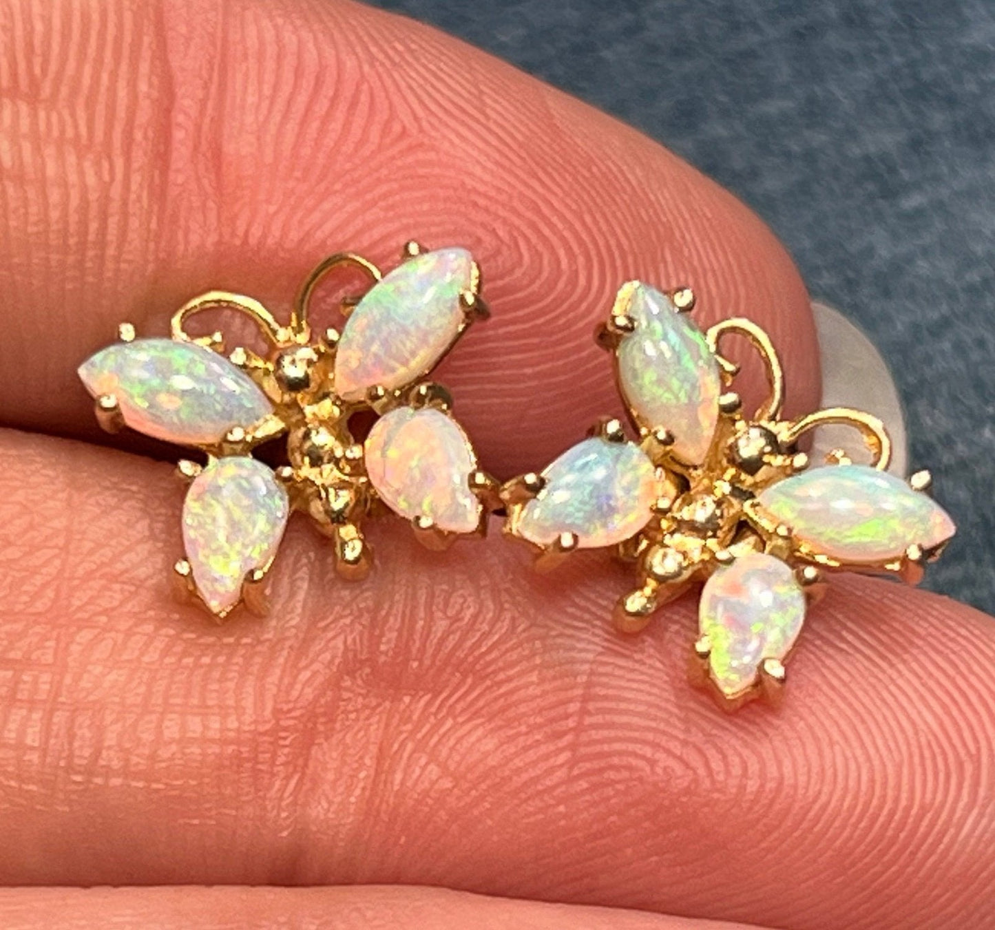 14k Yellow Gold Australian Jelly Opal BUTTERFLY Earrings. Tiny!