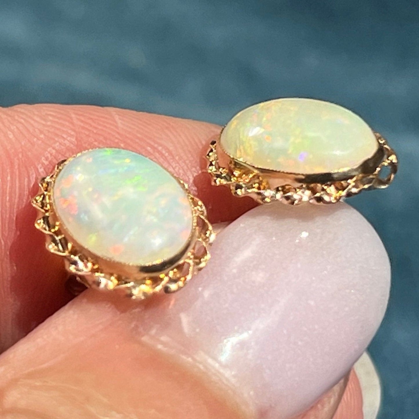 14k Yellow Gold Australian Opal Bezel-Set Earrings. *Video*