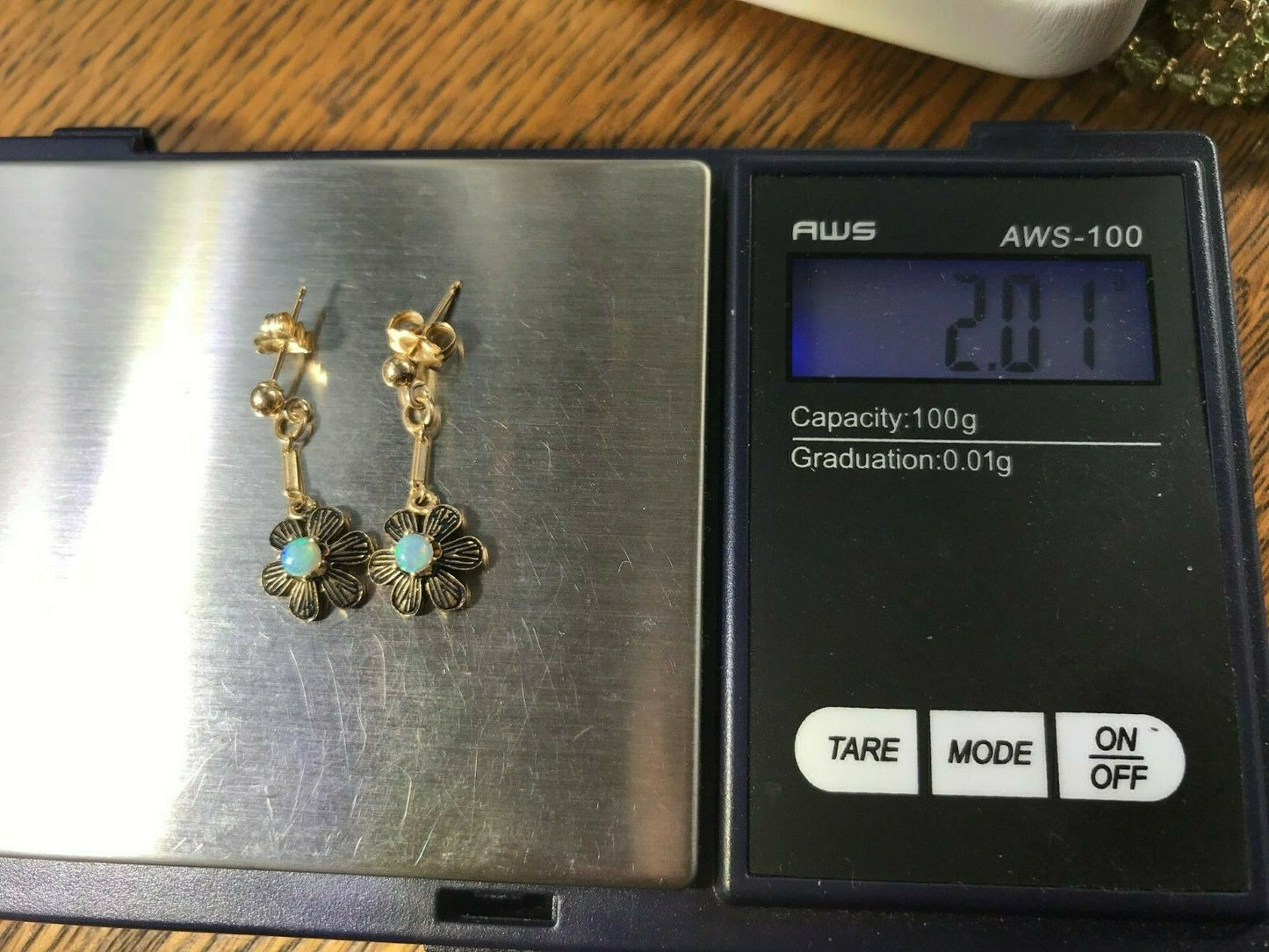 14k Yellow Gold Australian Opal Earrings. Dangly Deco Posies