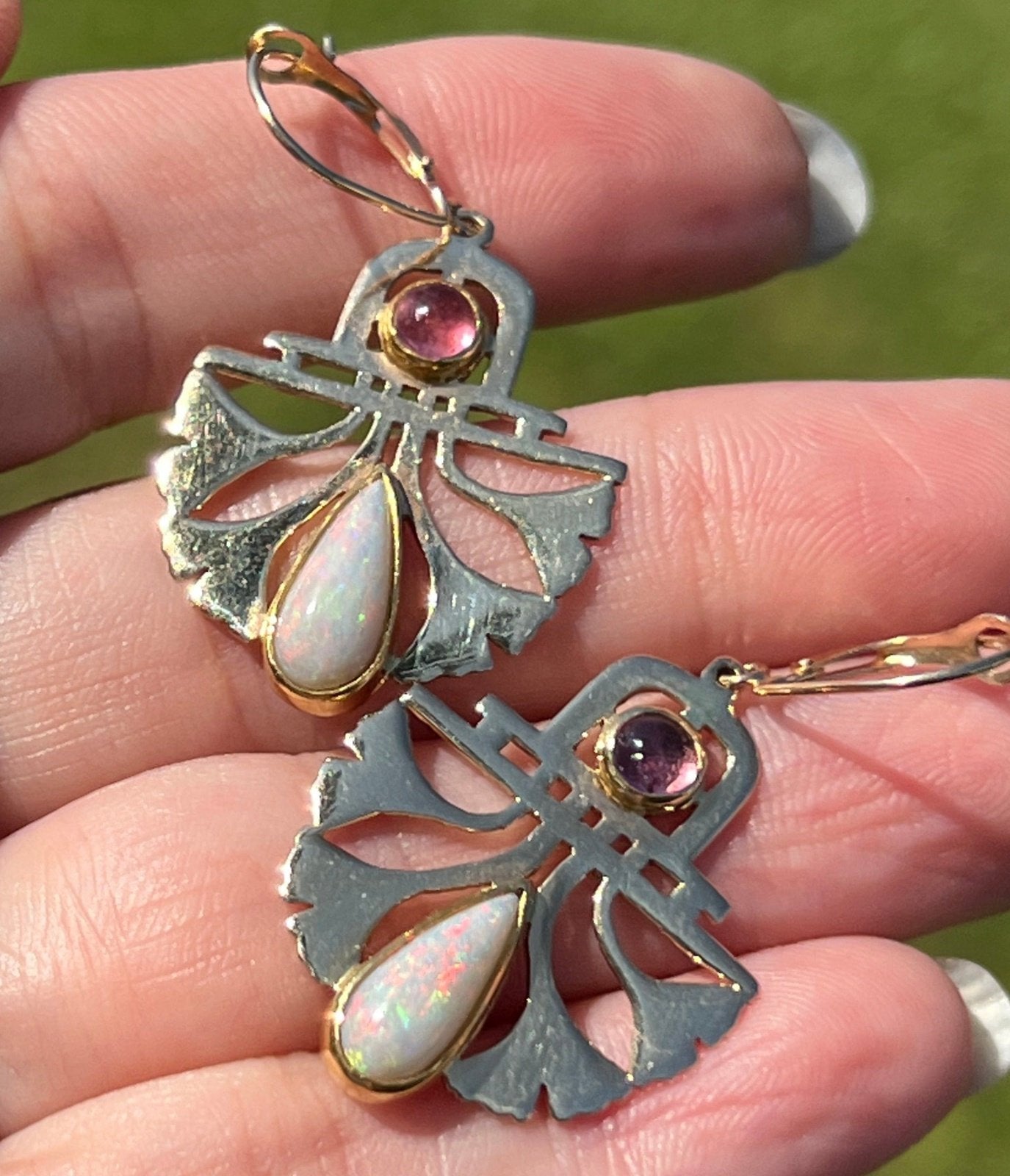 14k Yellow Gold Australian Opal Leverback Earrings. Art Deco *Video*