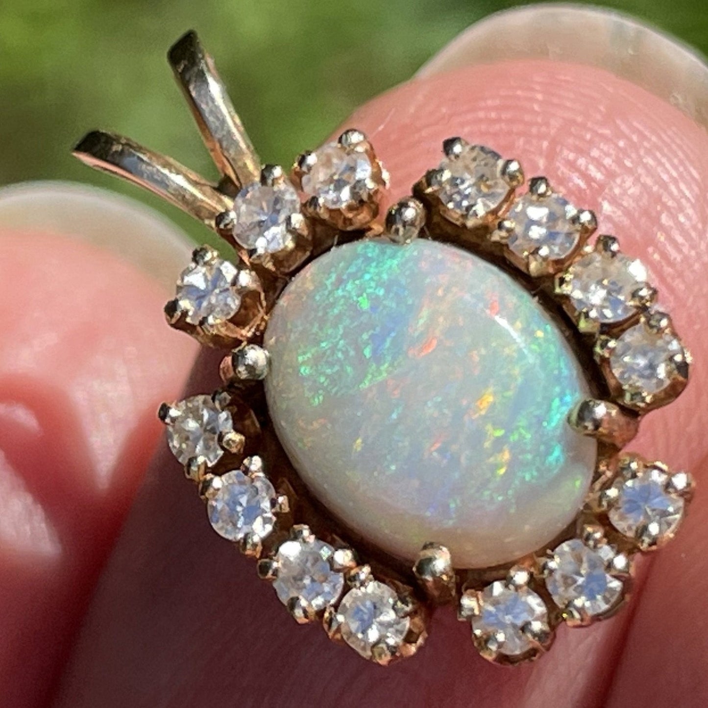 14k Yellow Gold Australian Opal Pendant. 0.70 TCW Diamond Halo *VIDEO*
