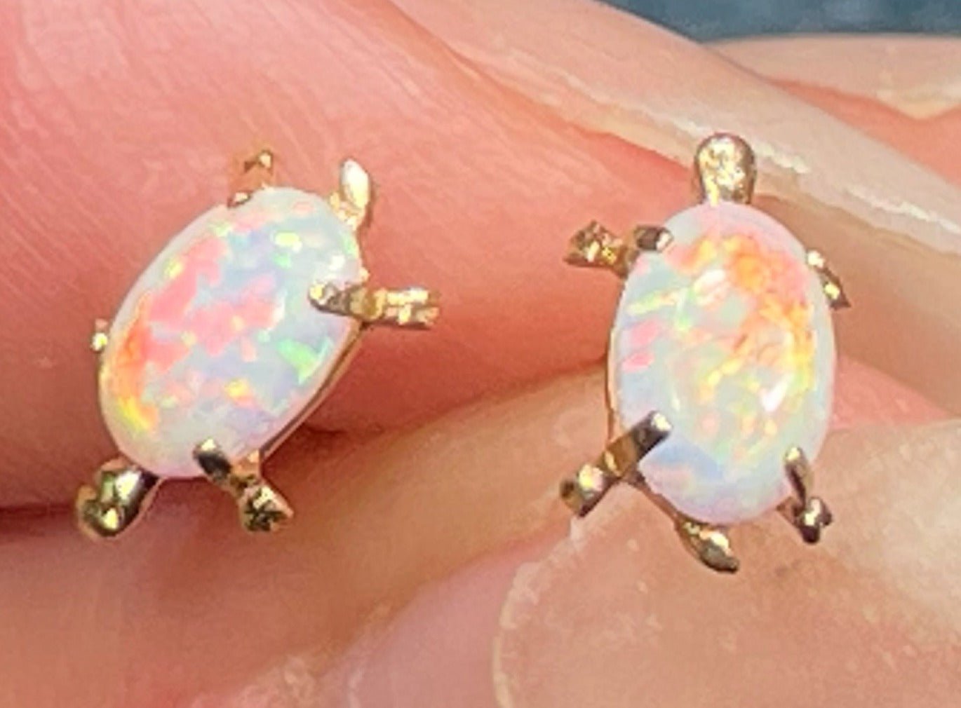 14k Yellow Gold Australian Opal TURTLE Earrings. Tiny! *Video*