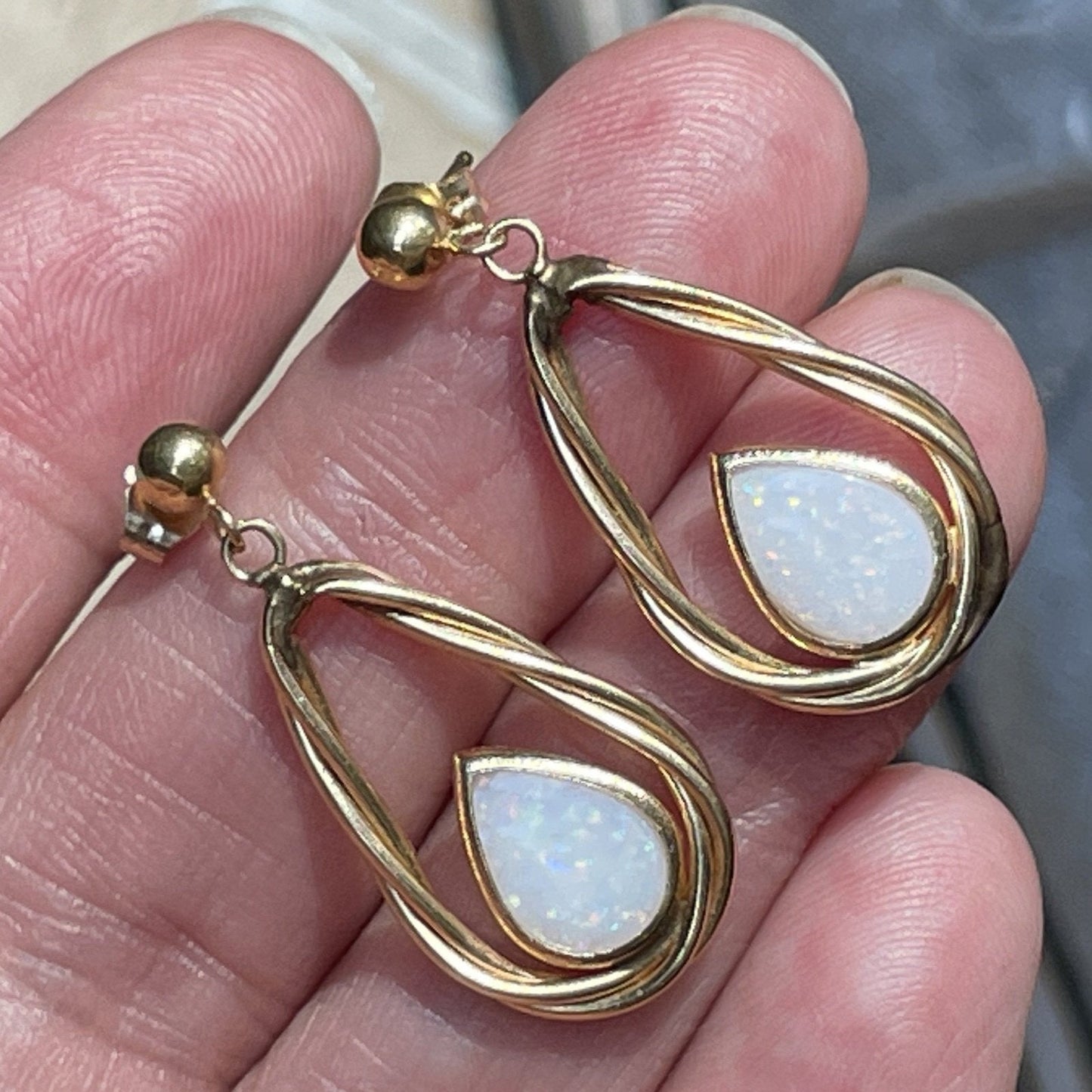 14k Yellow Gold Australian Opal Teardrop 1" Drop Earrings
