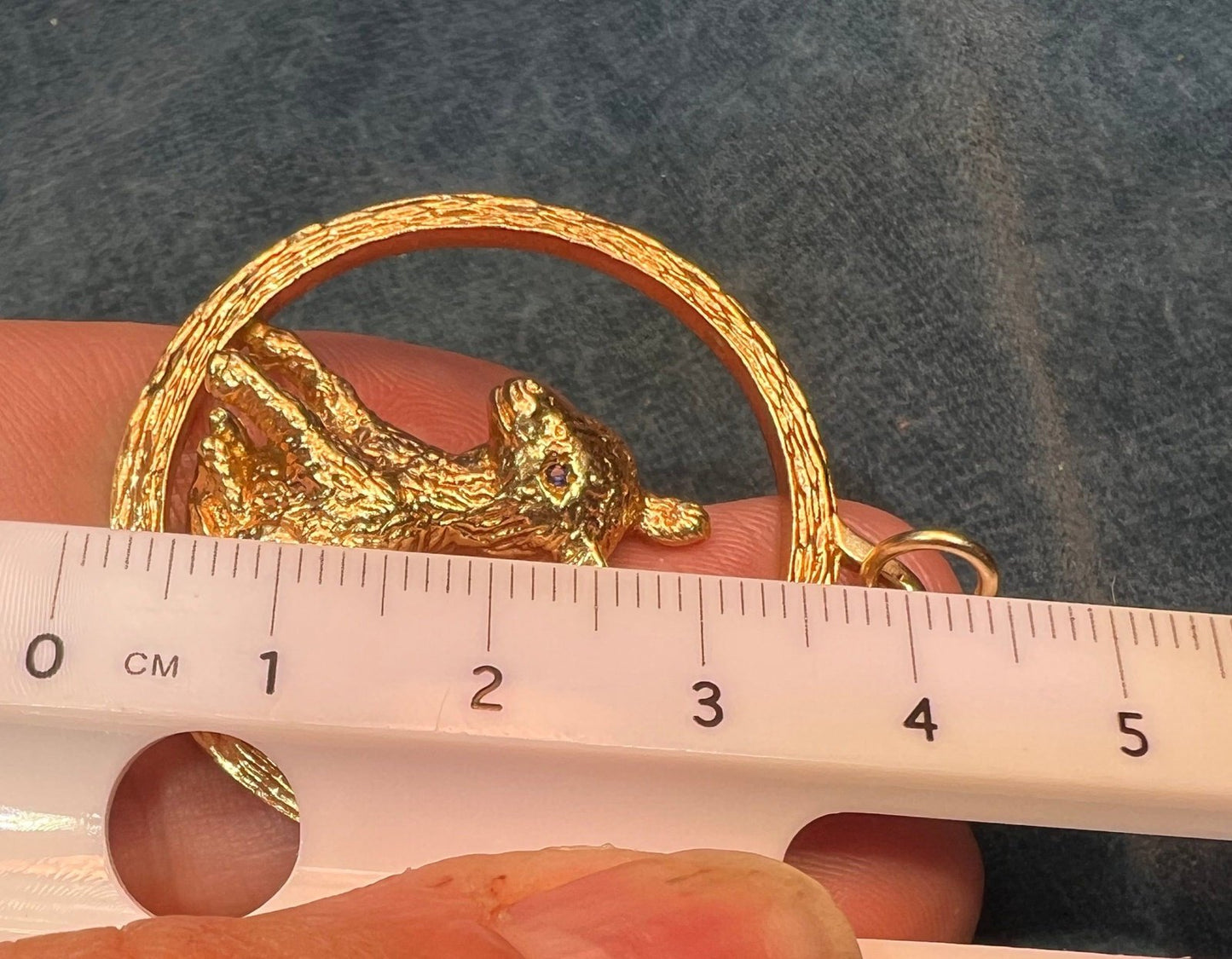 14k Yellow Gold Baby Lamb Circle Pendant. Blue Sapphire Eyes. 1.75" 10g