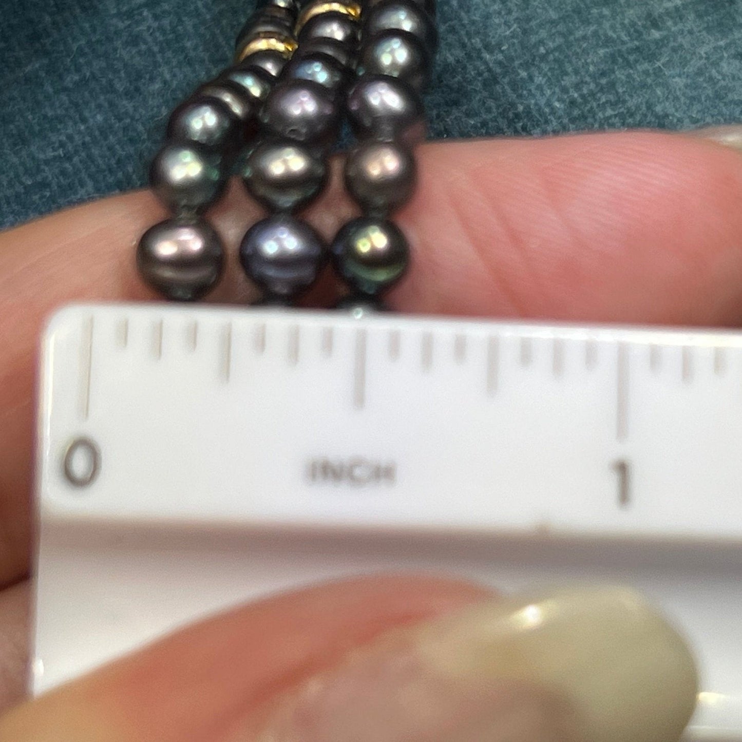 14k Yellow Gold Black Pearl Triple Row Bracelet. Flower Clasp. 13g