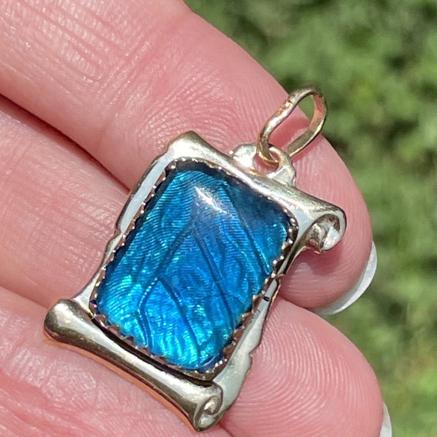 14k Yellow Gold Blue MORPHO BUTTERFLY WING Pendant **VIDEO**