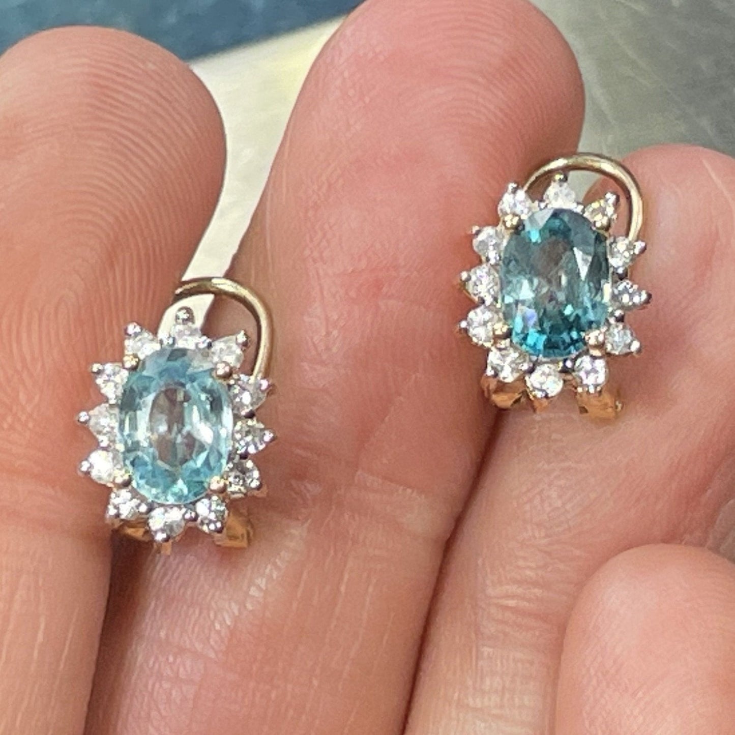 14k Yellow Gold Blue Topaz & Diamond Halo OMEGABACK Earrings