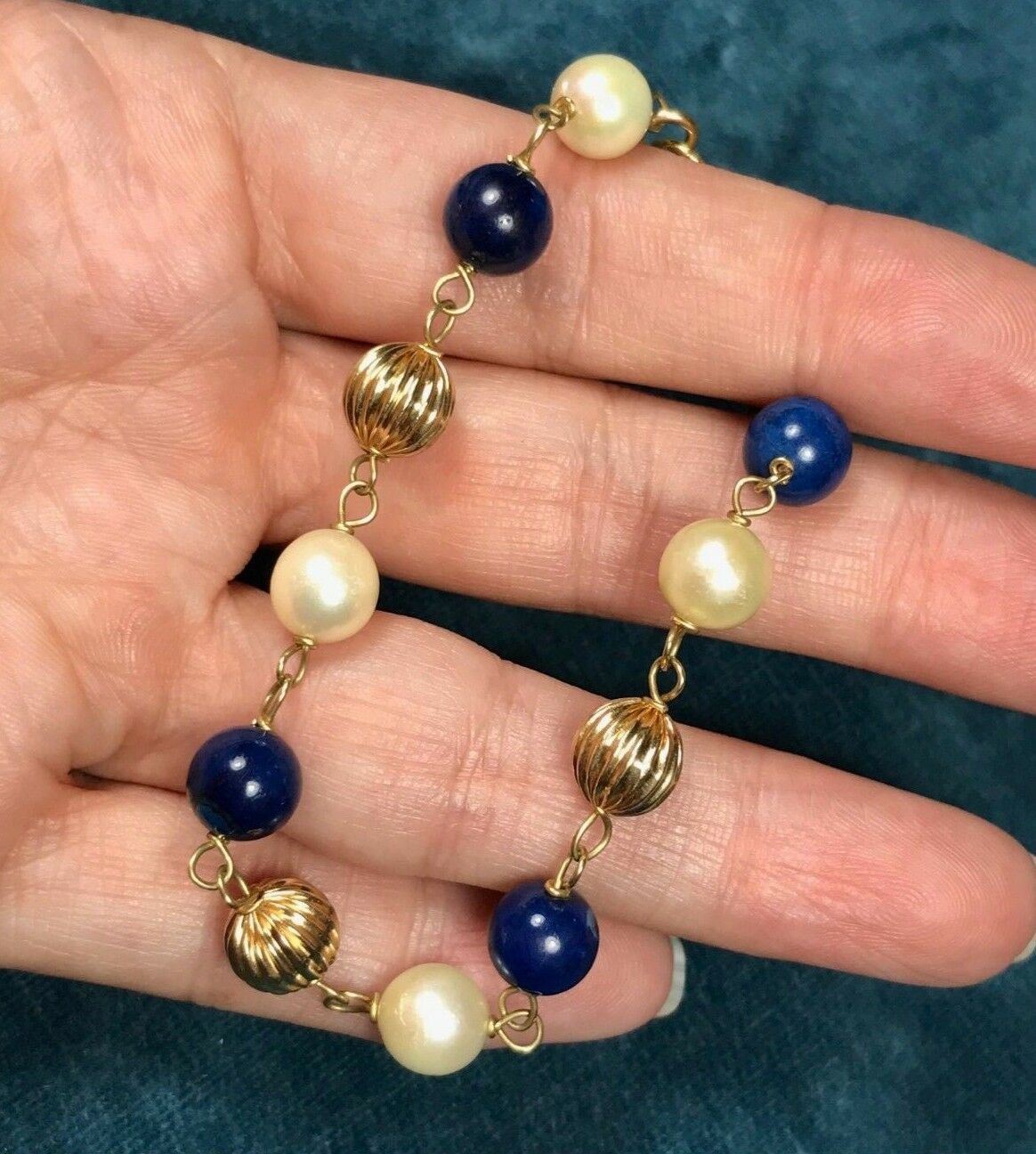 14k Yellow Gold Bracelet w Clown Beads, Royal Blue Lapis & Pearls