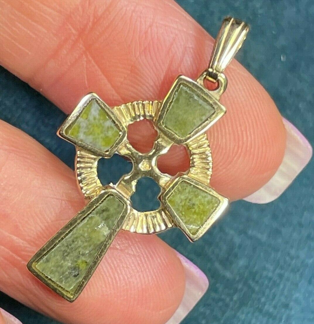 14k Yellow Gold CONNEMARA MARBLE Cross Pendant. Irish Celtic Made_B180_7_20