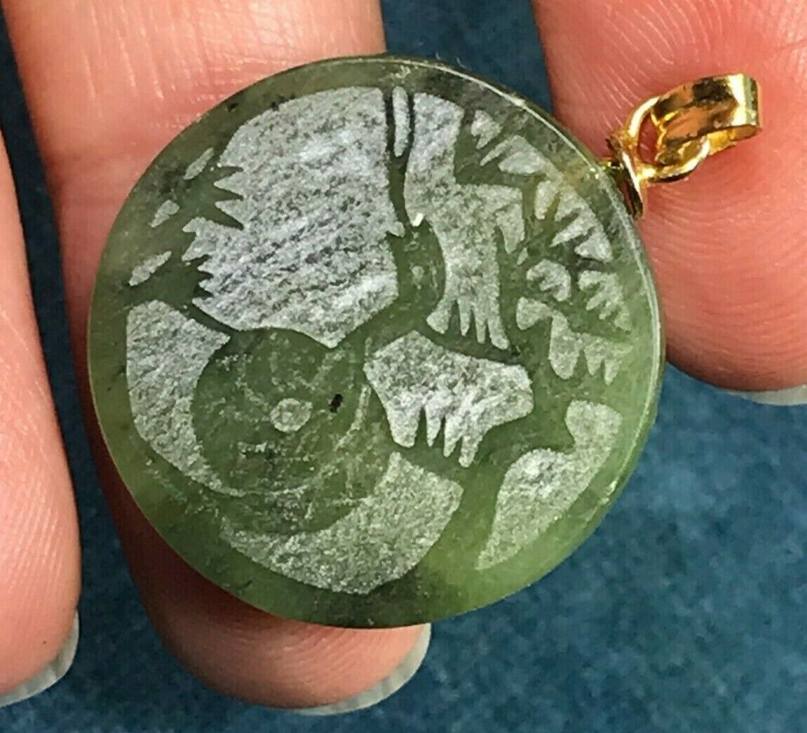 14k Yellow Gold Carved Jade Disk Pendant w Snake Under a Tree-b84_19