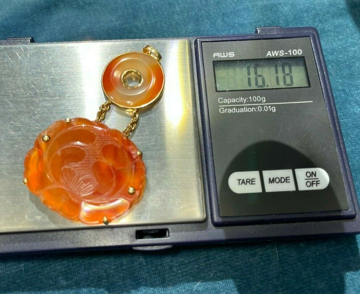 14k Yellow Gold Carved Lotus Blossom Orange Jade Double Pendant. 2.5" 16g_21_315