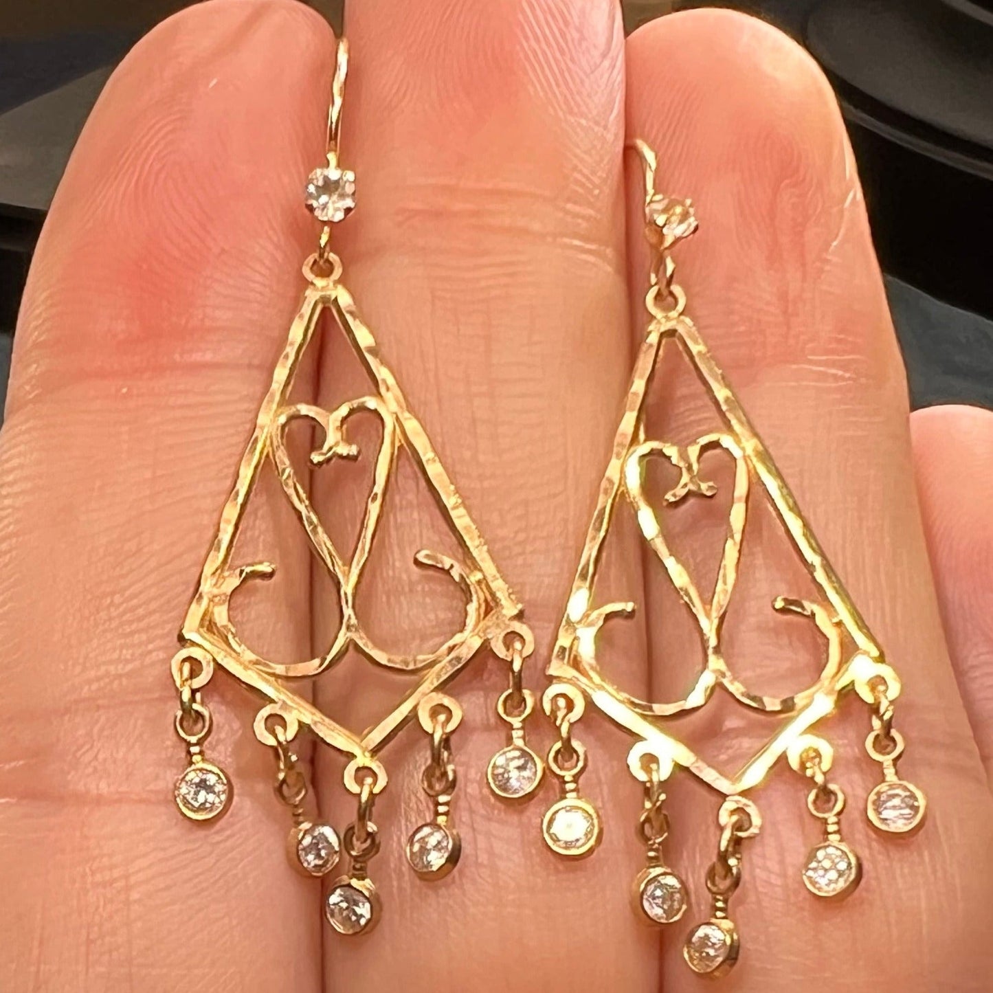 14k Yellow Gold Chandelier Heart Filigree Topaz Earrings. 2"