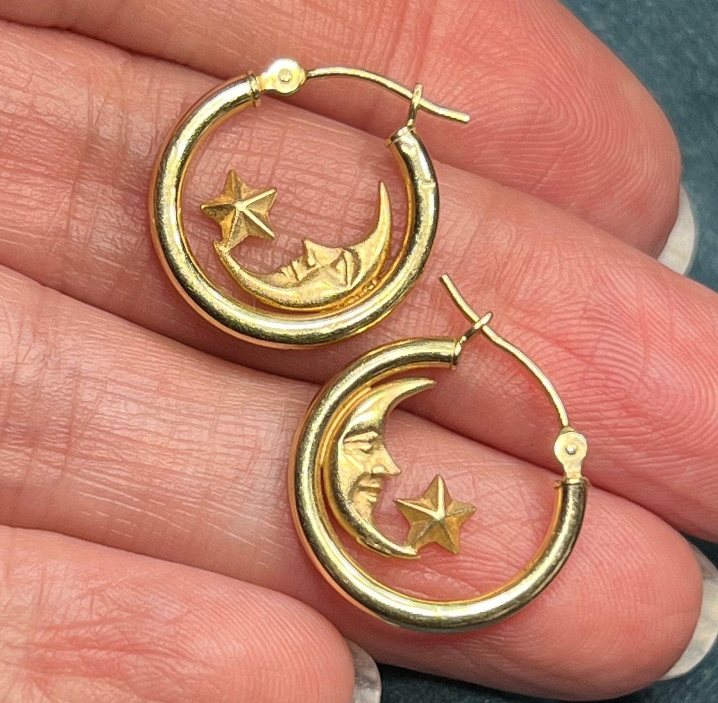 14k Yellow Gold Crescent "Man in the Moon" Hoop Earrings. 3/4"