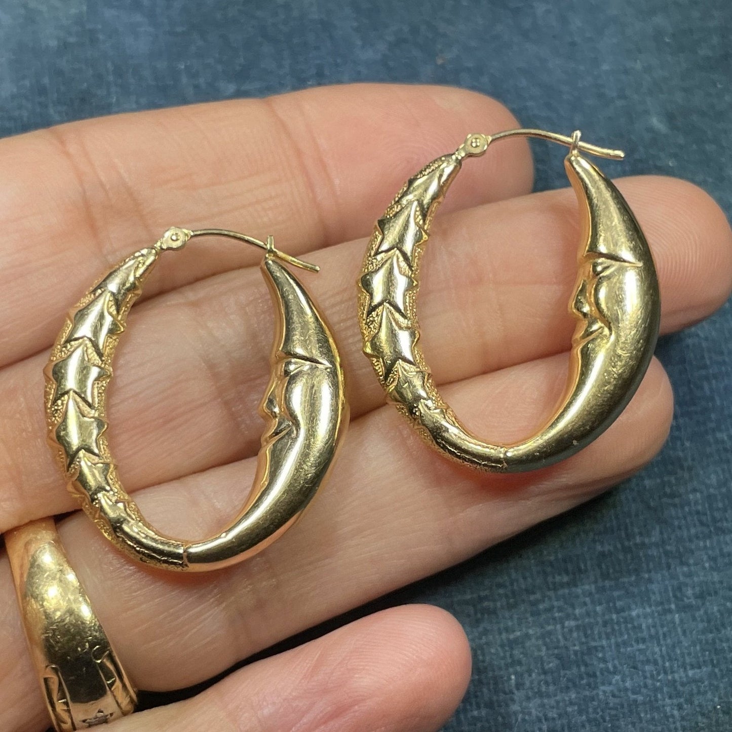 14k Yellow Gold Crescent "Man in the Moon" Hoop Earrings. Large 1.2"
