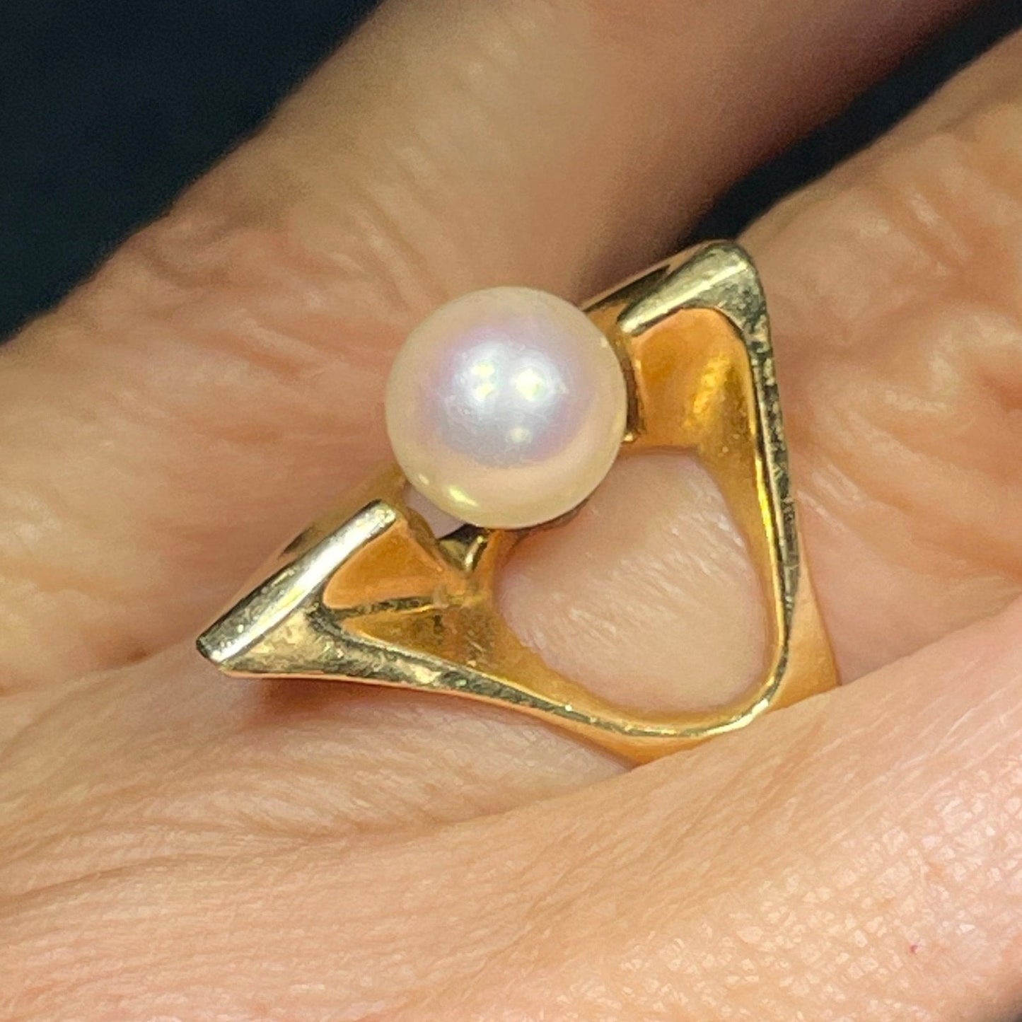 14k Yellow Gold Danish Modern Sculptural Pearl Ring. 3/4" Wide